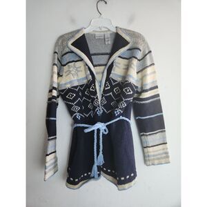 Villagar Sport Blue Fair Isle Silk Wool Knit Tie Waist Cardigan size Medium